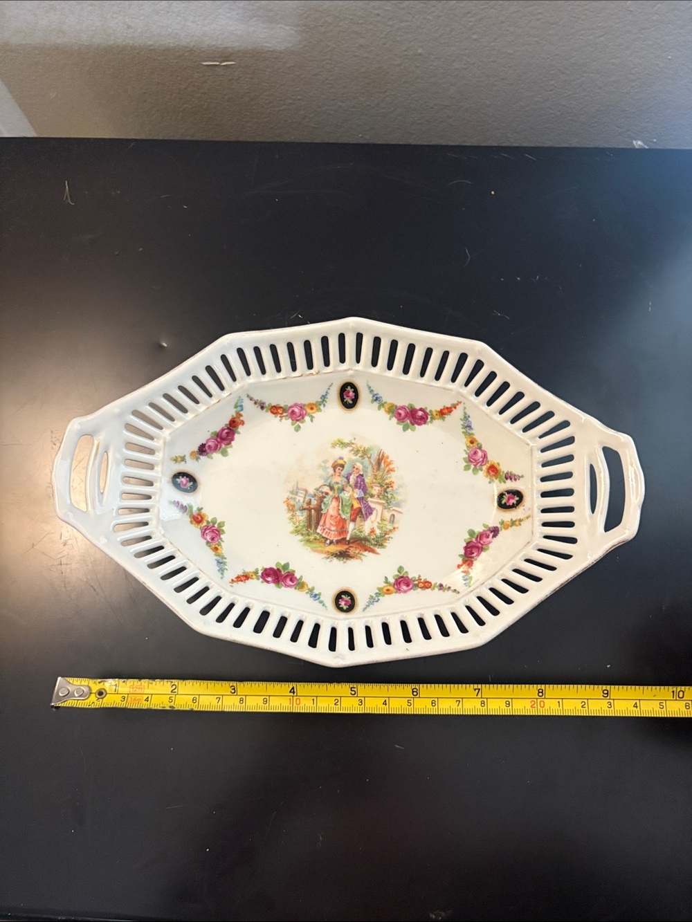 Porcelain Decorative Serving Tray with Romantic Scene and Pink Floral Accents